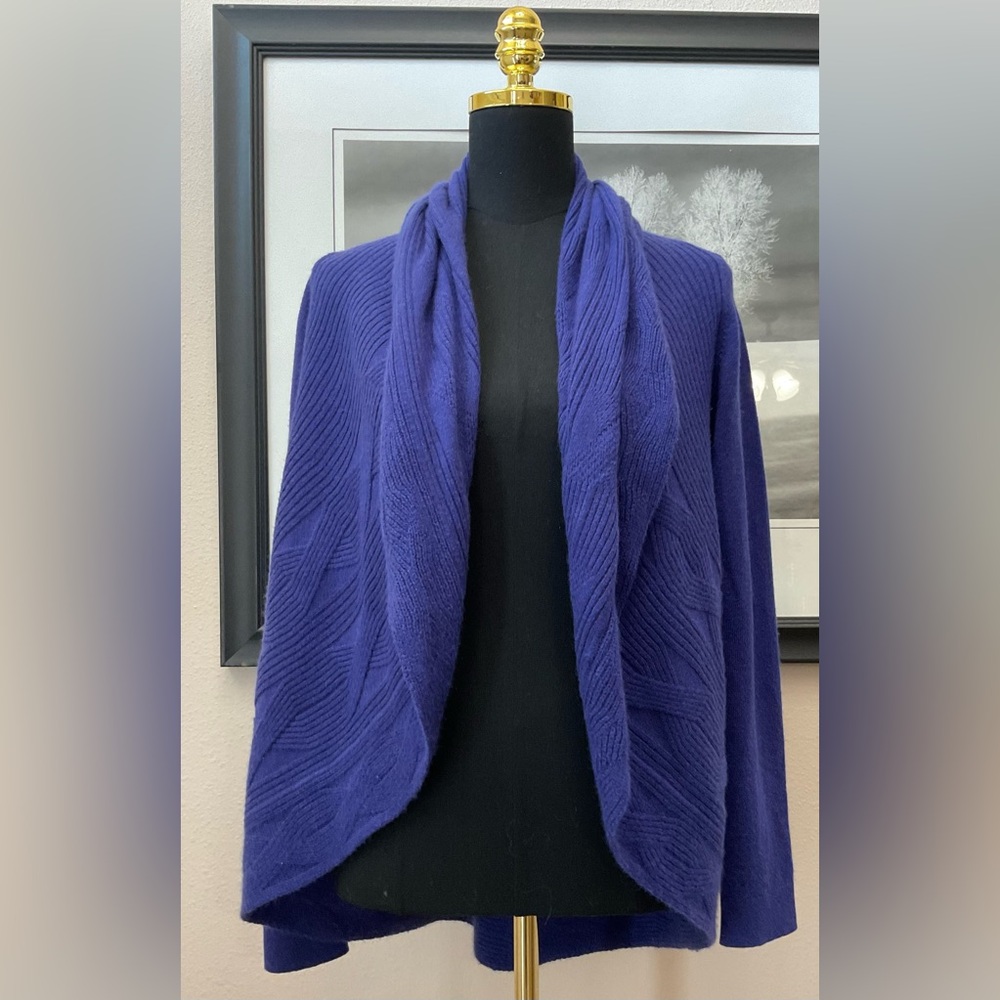 Forte Cashmere Sweater Cardigan Women’s Size L Purple Open Front Knit Collared